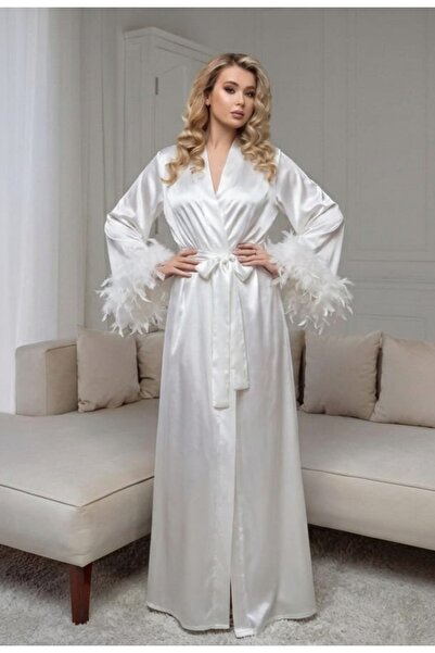 VELİNA GROUP White Silky Satin, Goose Feather, Bridal, Robe Kimono