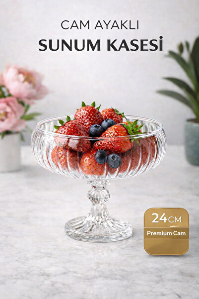 PAKETLENDİ El Yapımı Linea Ayaklı Cam Sunum Kasesi Sunumluk 24 Cm