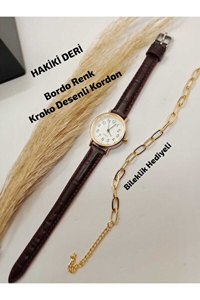 QUARTZ Marka Vintage Rakamlı Yuvarlak Tasarım Gold Renk Kasa- Koyu BORDO Renk...