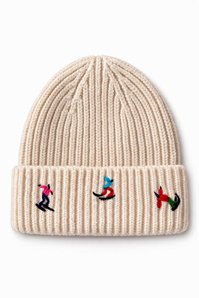 byebruketenci Cream Wool Beret Ski Embroidered Hat