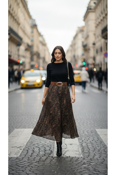 SİBELİZE Desenli Piliseli Kemerli Uzun Etek