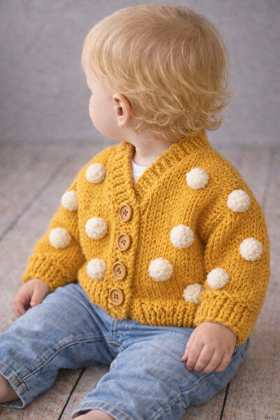 seraskids El Örgüsü Hardal Rengi Ponpon Model Bebek Hırka