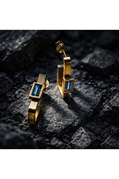 MERVAN TAKI Renkli Taşlı Geometrik Gold Çelik Küpe