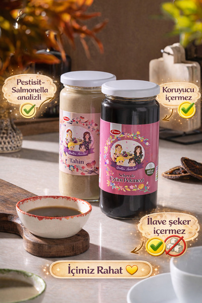 ÜRETEN ANNELER Tek Kavrulmuş Tahin - Şekersiz Üzüm Pekmezi 2’li 500 Er ml (PE...