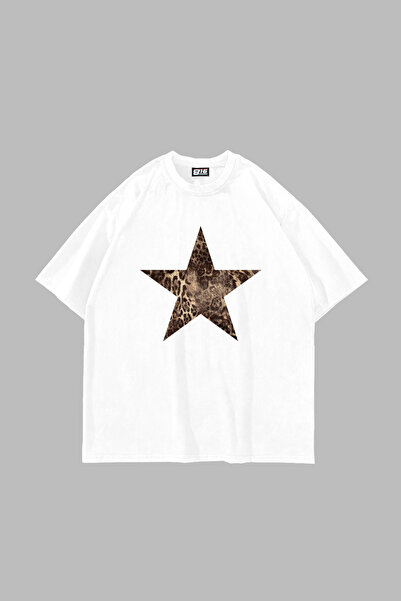 Sekizbiraltı Starz Leopard Printed 24/1 Oversize Unisex Λευκό Tshirt
