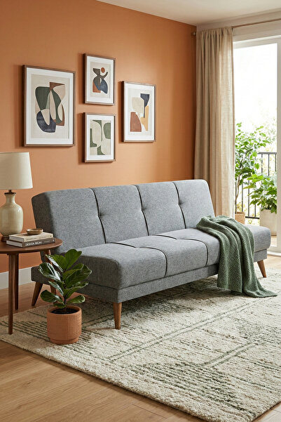 reflekta Modern Gri Yataklı Üçlü Kanepe Çekyat Ahşap Ayaklı Tam Açılabilir 19...