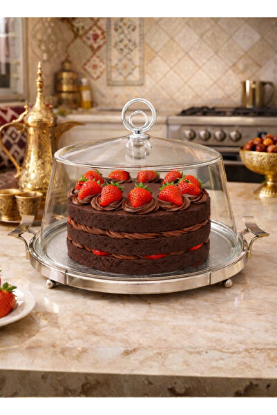 ALQANNAS Medium 25cm Round Silver Stainless Steel Cake Stand with Clear Acryl...