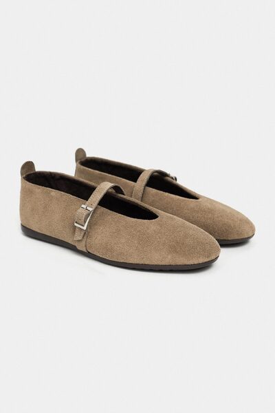 NİŞANTAŞI SHOES Mera Rome Bej Süet Toka Detay Hakiki Deri Toka Detay Düz Taban Kadın Babet