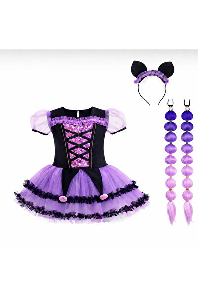 Peonia Kids Kuromi Kostümü Kare Yaka,Cadı Kostümü Balo Kostümü SAÇ HEDİYELİ