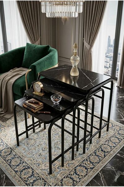 HOMEBELLA 3d Parlak Siyah 4'lü Zigon Sehpa Takım Metal Statik Ayaklı Üreticid...