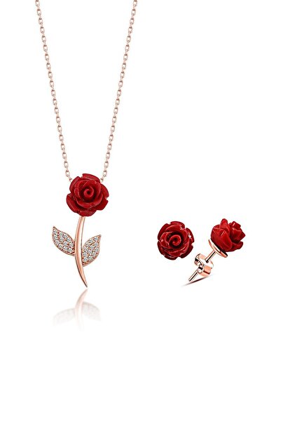 SARIASLAN 925 Ayar Gümüş Kadın Rose Gül Kolye Küpe Seti