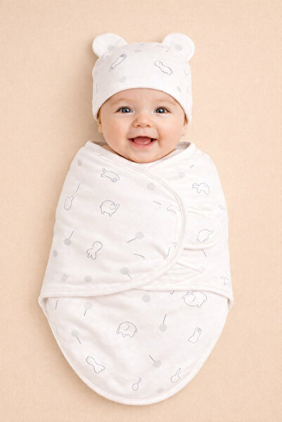 moukou 0-3 Ay Bebek %100 Pamuk Kundak ve Şapka Cırt Cırtlı Yumuşak Penye Nefe...