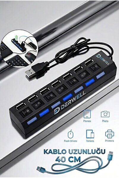 Derwell 7 Port Usb Çoklayıcı Hub Anahtarlı Aç/kapa Düğmeli Işıklı Usebe Çoğal...