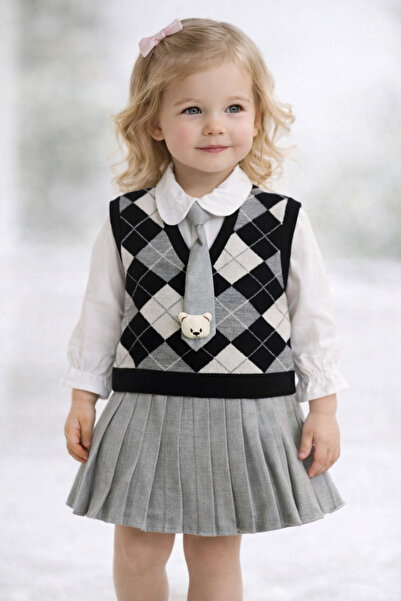 Ministil-bebeğinizin ilk stili Girl's College Style Diamond Pattern Sweater a...