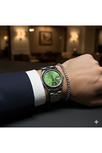 Feronnucci ساعة يد رجالية مع سوار هدية + حزام فولاذي فضي اللون ومينا أخضر