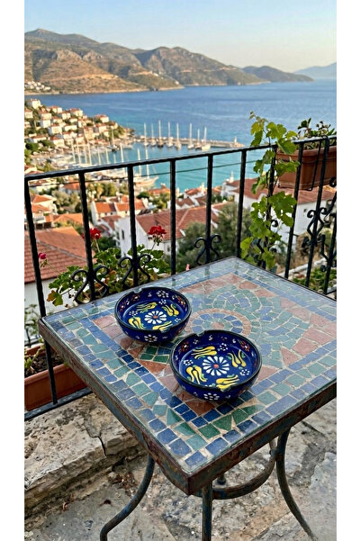 Fi Hediyelik طقم من 2 منفضة سجائر مصنوعة يدويًا بتصميم تركي باللون الأزرق الداكن