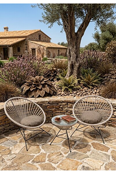 ALCHAİR Hayseçdem Serisi 1. Sınıf Corto İp Örgü Krem Minderli Bahçe Takımı, B...