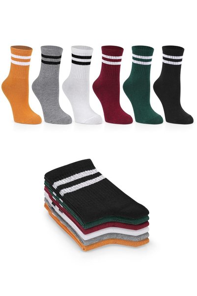 Ozzy Socks 6 Çift Kadın Açık Ve Koyu Renkler Çizgili Kolej Tenis Çorabı Seti