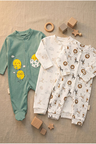 Noone Pamuklu 3'lü Ayaklı Bebek Tulum Seti - Civciv, Fil ve Geometrik Desenli