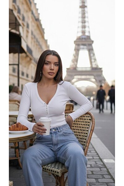 SİBELİZE Women's Snap Collar Long Sleeve Bodysuit Ribbed Knit