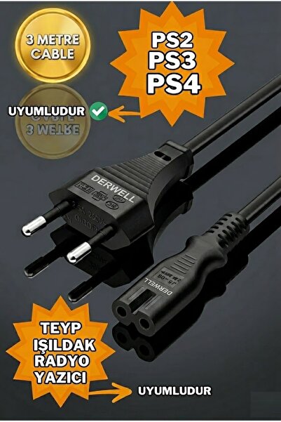 Derwell 3 Metre C7 Güç Kablosu Ps2/ps3/ps4/xbox One S/radyo/tv Işıldak Uyumlu...