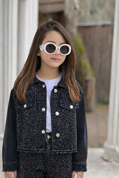 DUDOR KİDS Kız Çocuk Siyah Taşlı Kot Ceket-Jeans Ceket/Kot Mont-Jeans Mont-BA...