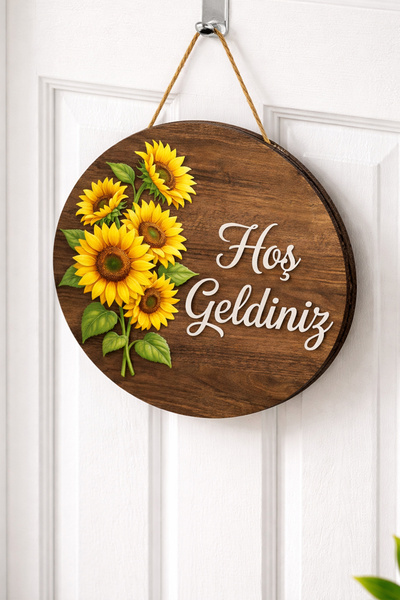 MARNELLO CONSEPT "Hoş Geldiniz" Kapı Süsü - Ayçiçek Desenli Ahşap MDF 2D Baskı
