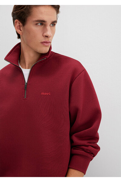 Mavi Semi-Zip Logo Printed Claret Red Sweatshirt 0S10585-85493