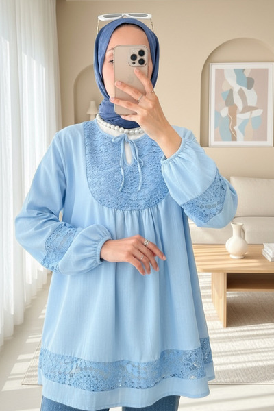 HİJABAYA Πουκάμισο με λεπτομέρεια από δαντέλα, δεμένο στο λαιμό και ελαστικό ...