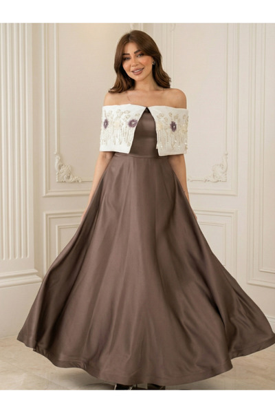 TREN Exquisite Off Shoulder Kennedy Fabric Flowing Gown With Floral Details F...