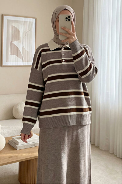 Modamorfo Polo Neck Buttoned Colorful Striped Knit Sweater - Earth