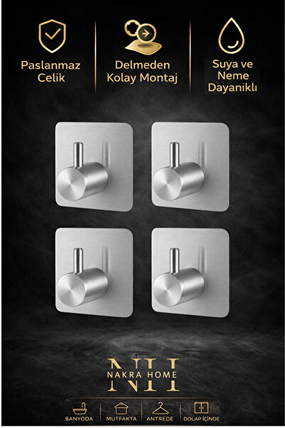 NAKRA HOME Paslanmaz Çelik Yapışkanlı 4 Adet Askılık | Delmeden Montaj Suya D...