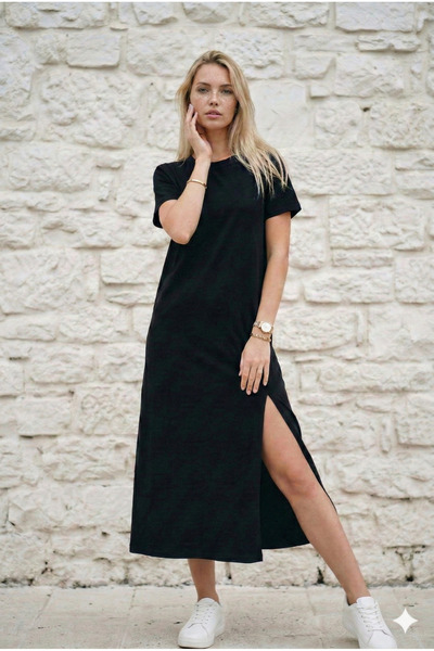 Pasaklı Giyim Ženska crna haljina kratkih rukava pune dužine Wear and Go Osno...