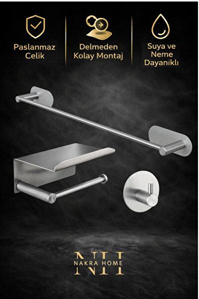 NAKRA HOME 3'lü Paslanmaz Çelik Yapışkanlı Havlu Askısı ve Tuvalet Kağıtlığı ...