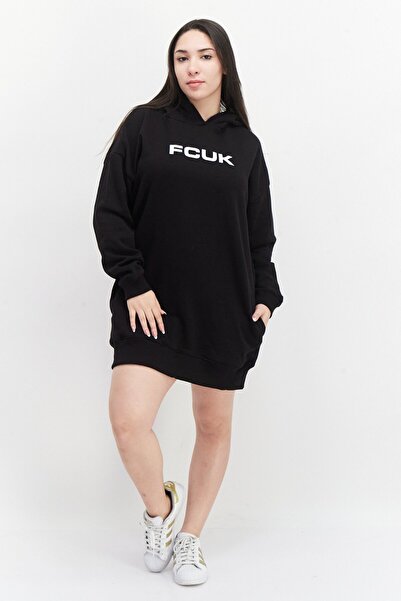 French Connection فستان نسائي بغطاء رأس وطبعة جرافيكية، أسود