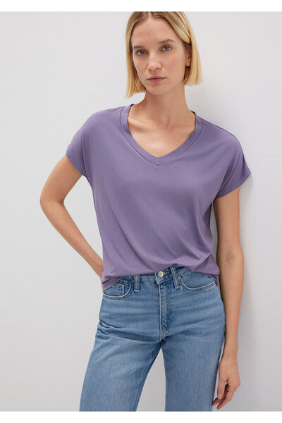Mavi V Yaka Mor Basic Viskoz Tişört Regular Fit / Normal Kesim 167714-70608