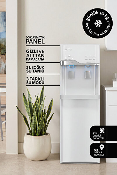 AQUAMARA Dokunmatik Su Sebili Beyaz ,Buz Makinesi Günlük 10 kg Buz, Çocuk Kil...