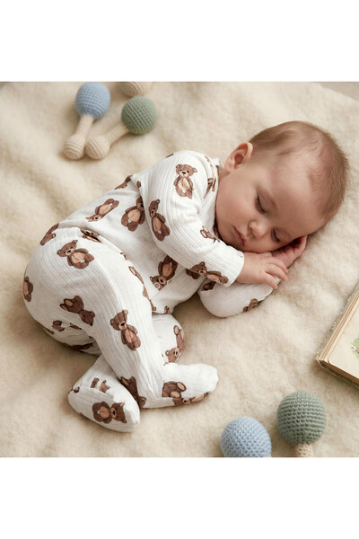 Nexvora Jumpsuit with Booties Brown Bear Patterned 100% Cotton Newborn Baby J...