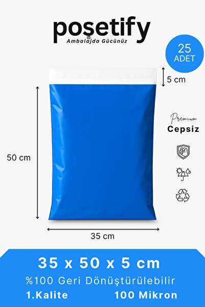POŞETİFY Cepsiz Kargo Poşeti | 35x50x5 cm | 25 Adet | Mavi | 100 Mikron | Büy...