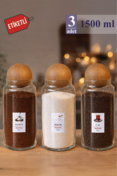 Mutfak Köşesi Pureglass 1500 ml Set of 3 Glass Jars with Wooden Ball Lids – T...