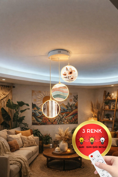 FORECASTE Bohem Tavan Tipi LED Avize 80 cm | 3’lü Yuvarlak Çift Yüz Desenli |...