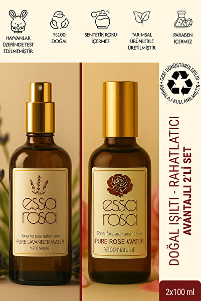 ESSAROSA PURE %100 NATURAL Gül Suyu Cam Şişe 100 ml & Lavanta Suyu Cam Şişe 1...