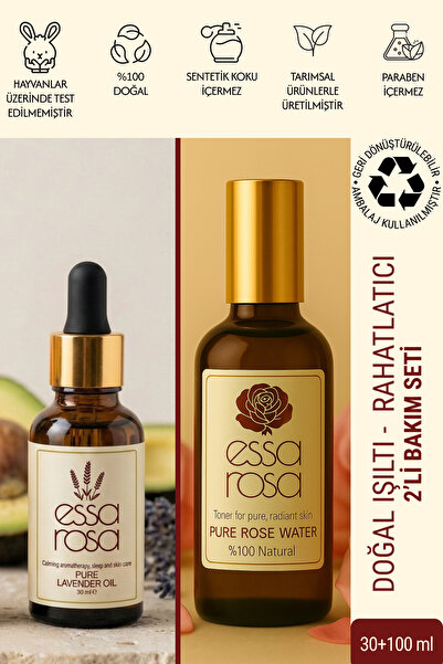 essa rosa Gül Suyu Cam Şişe 100 ml - Lavanta Yağı Cam Şişe 30 ml - Vegan - 2 ...