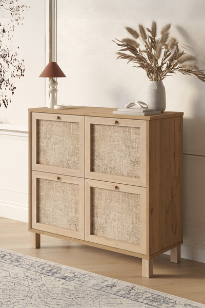 Yurudesign Dune Ayakkabılık Çok Amaçlı Dolap Ahşap Ayaklı Ahşap Jüt Kapaklı S...