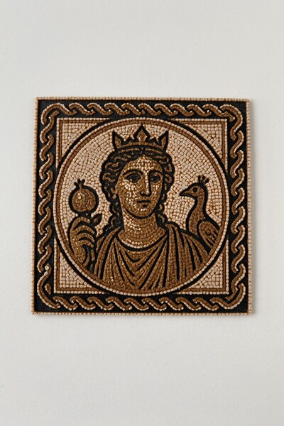 Antik Tanrıça Juno - Kabartmalı Roma Mozaik Antik Dokulu Bardak Altlığı - Dekoratif Obje