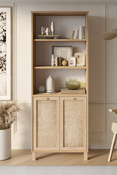 Yurudesign Dune Kitaplık Raf Ahşap Ayaklı 180cm Ahşap Jüt Kapaklı Sepet-Jüt D...