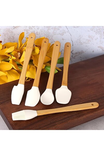 Duffa 5 Parça Bambu Silikon Spatula Kaşık Fırça Seti Bambu Mini Kaşık Spatula...
