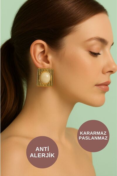 KAYOUBI Kadın Antialerjik Kararmaz Suya Dayanıklı İnci Kare Plaka Altın Renk ...