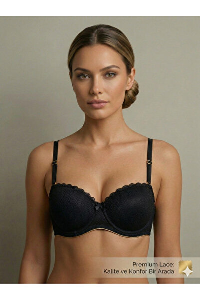 Lavint Homewear Strapless Lace Silicone Padded Black Push-Up Bra