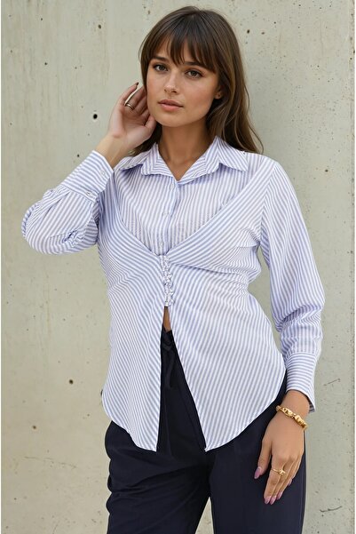 soi fashion Cămașă cu model în dungi și drapaj în față, albastră
